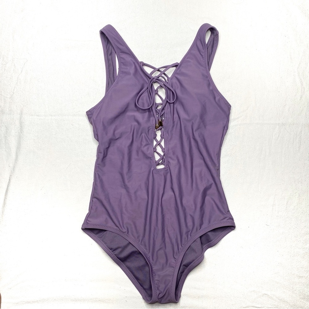 Shade & Shore purple lavender low back v-neck tie up swimsuit